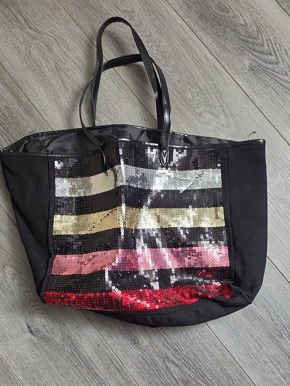 Victoria Secret Black Sequin Stripe Tote Bag with Multicolor Accents